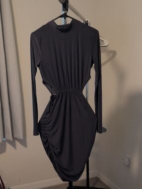Long Sleeve Charcoal Ruched Waist Dress